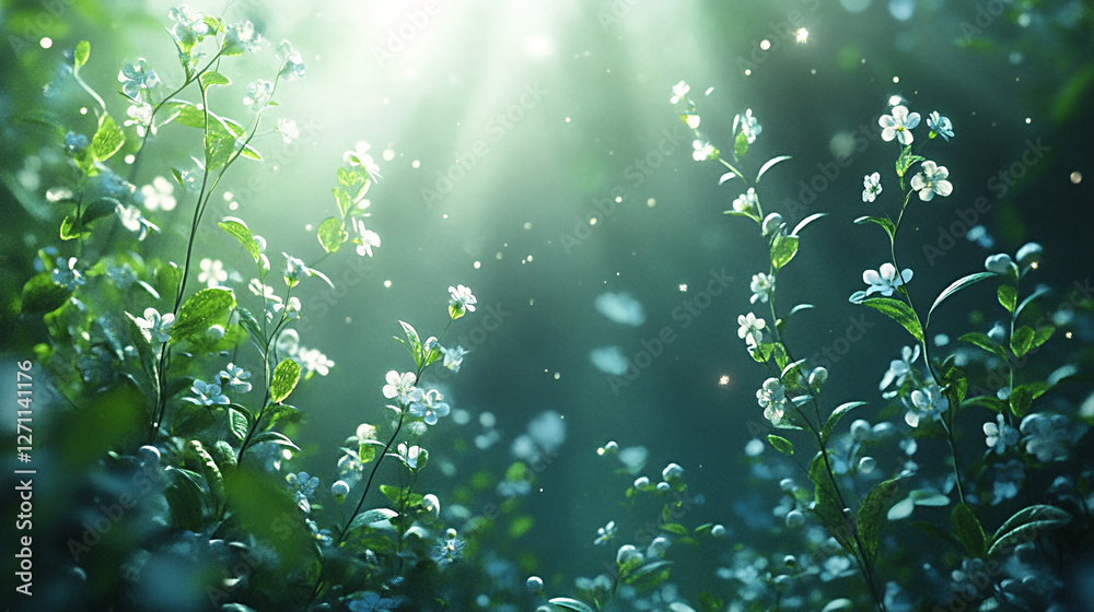 
Serene futuristic environment with delicate digital plants, soft light beams, and transparent holograms floating in the air, perfect for a gentle animation with floating elements and a peaceful atmos