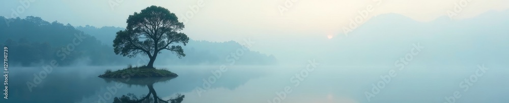 Serene scene of isolated tree in mist by lake, serene, quiet
