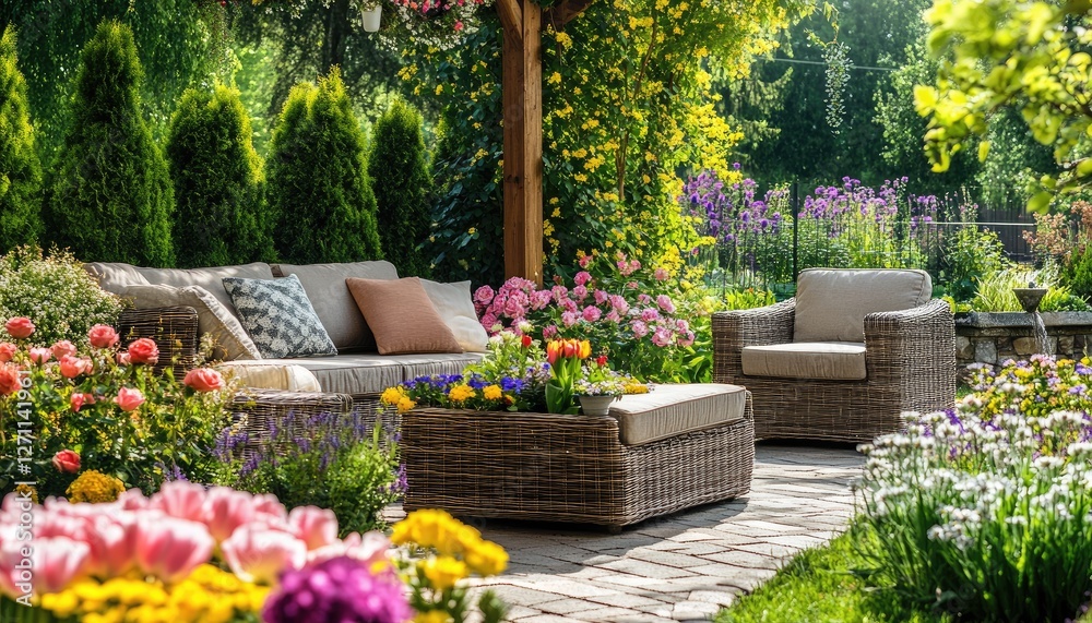 Obraz premium Relaxing patio furniture in vibrant garden