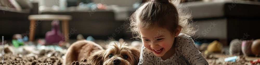 Naklejka premium A young girl playing with her pet dog on the floor
