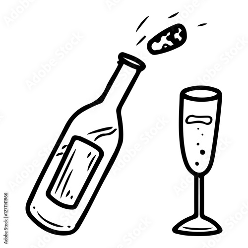 Wine bottle and champagne glass. Hand drawn doodle. Alcoholic carbonated drink. Party cocktail. Celebration event. Vector line art illustration.
