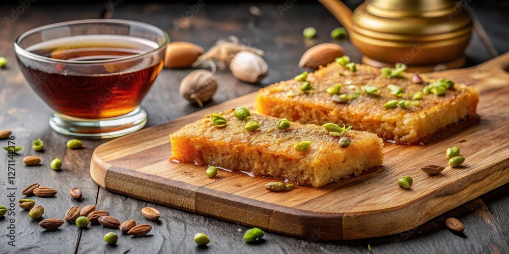 kadayif on wooden board served with sweet syrup and pistachios kadayif on wooden board served with sweet syrup and pistachios