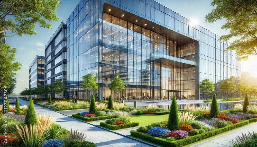 An elegant office building with a sleek glass facade and landscaped surroundings. An elegant office building with a sleek glass facade and landscaped surroundings.