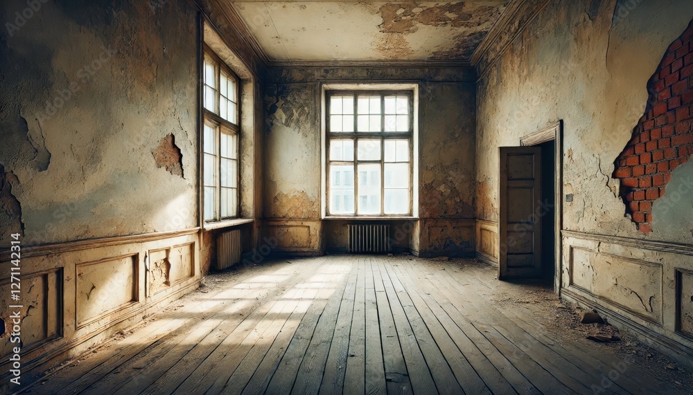 An empty apartment in need of renovation featuring a bare room with peeling paint cracked walls and an old wooden floor. An empty apartment in need of renovation featuring a bare room with peeling paint cracked walls and an old wooden floor.