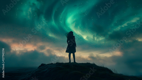 Majestic aurora borealis illuminates a solitary figure arctic landscape night sky nature enigmatic perspective