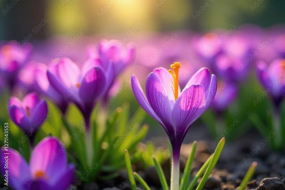 Purple crocus flowers blooming in a field with saffron threads, purple crocus, crops, harvest