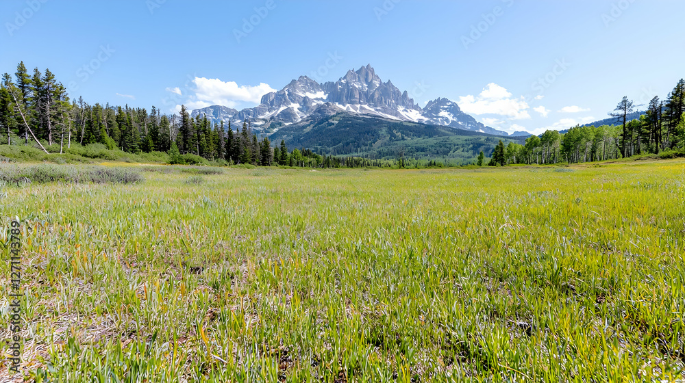 Fototapeta premium Lush green meadow stretches towards the snow-capped Grand Teton mountain range under a clear blue sky.