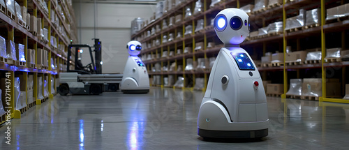 Autonomous robots streamlining warehouse operations industrial facility technology innovation indoor environment futuristic viewpoint