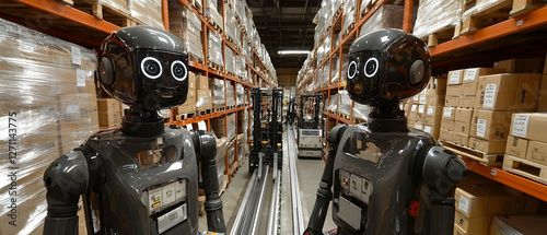 Automated robots streamlining warehouse operations modern logistics facility technology showcase industrial environment eye-level perspective