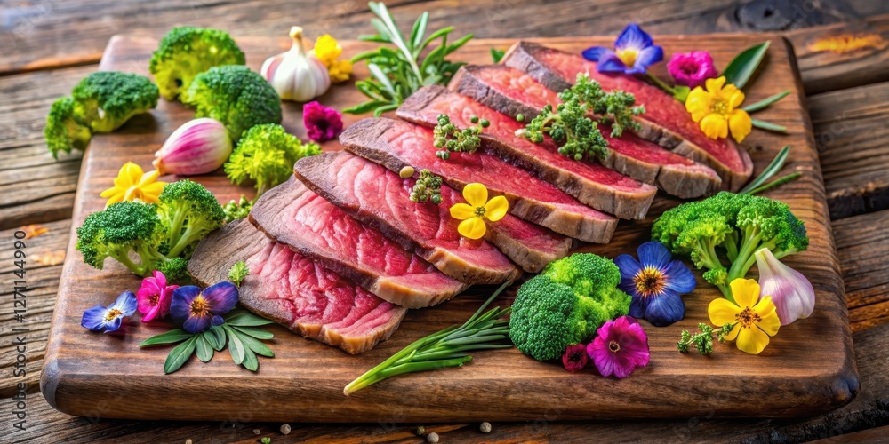 Colorful arrangement of sliced beef and broccoli on a wooden cutting board, garnished with fresh herbs and edible flowers , cutting board, colorful arrangement Colorful arrangement of sliced beef and broccoli on a wooden cutting board, garnished with fresh herbs and edible flowers , cutting board, colorful arrangement