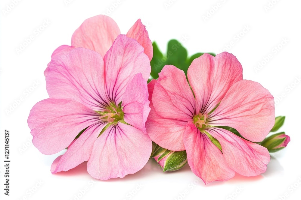 A detailed view of two pink flowers on a white surface A detailed view of two pink flowers on a white surface