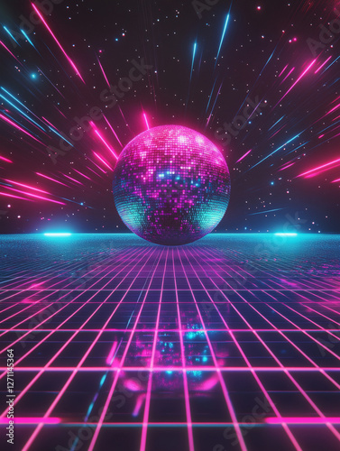 Retro Futuristic Disco Ball with Neon Light Streaks