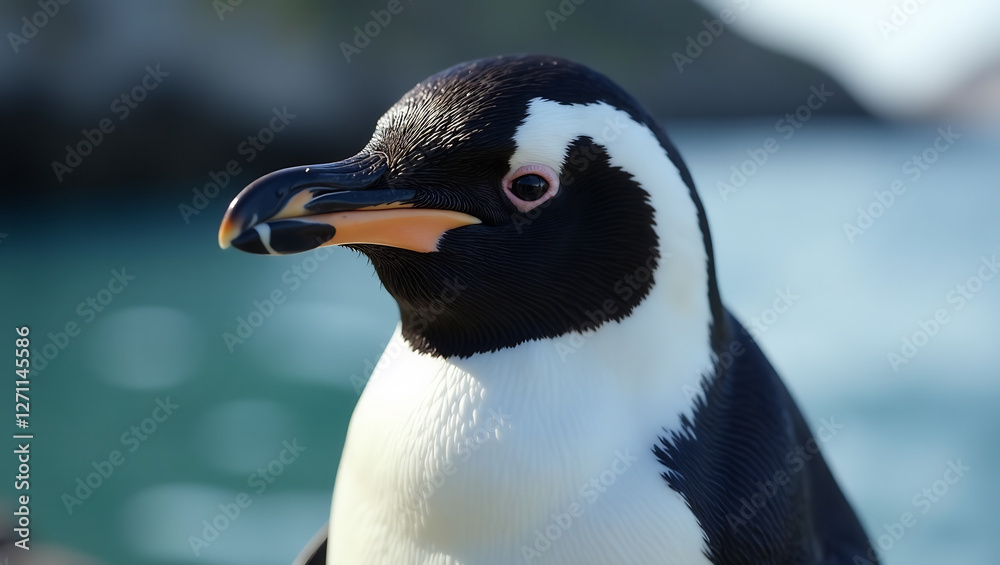 Naklejka premium A close-up portrait of a single penguin, highlighting the details of its feathers and features.