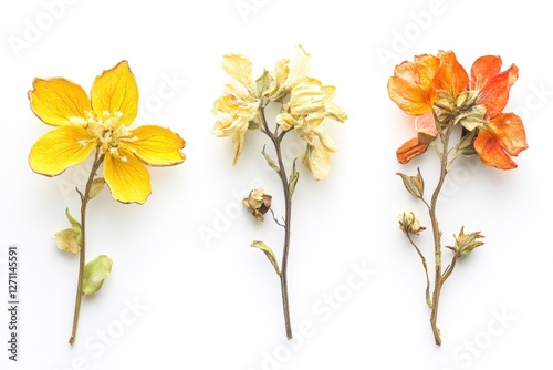 Three different types of flowers on a white surface