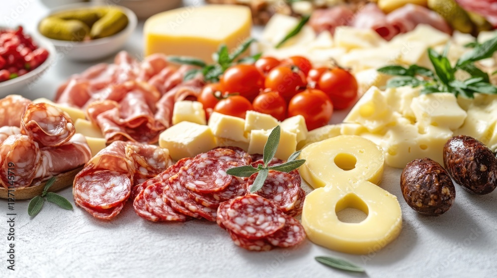A variety of meats, cheeses, and olives arranged on a table A variety of meats, cheeses, and olives arranged on a table