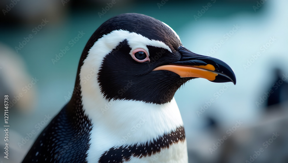 Naklejka premium A close-up portrait of a single penguin, highlighting the details of its feathers and features.