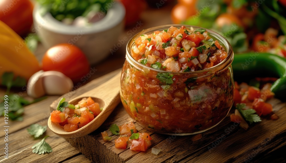Rustic Salsa Preparation Fresh Ingredients, Wooden Table, Spicy Dip Rustic Salsa Preparation Fresh Ingredients, Wooden Table, Spicy Dip