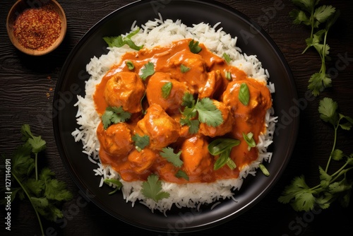 Top view of homemade Indian butter chicken with rice on a plate captured from above