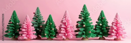 Pink and green Christmas trees in a row with matching pink and green ornaments, pine, green