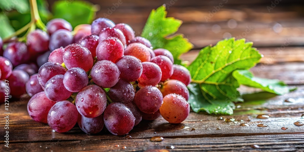 Fresh grapes with water droplets on a wooden table, highlighting their juicy texture and refreshing appearance, wood, fruit Fresh grapes with water droplets on a wooden table, highlighting their juicy texture and refreshing appearance, wood, fruit