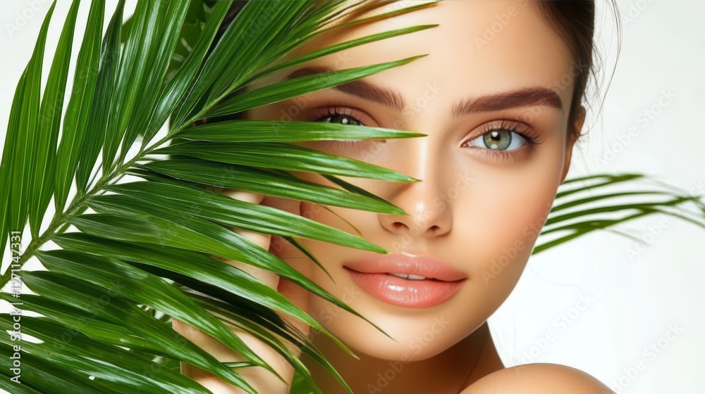 Fototapeta premium Beautiful young woman with flawless skin holding a tropical leaf, isolated on white background.
