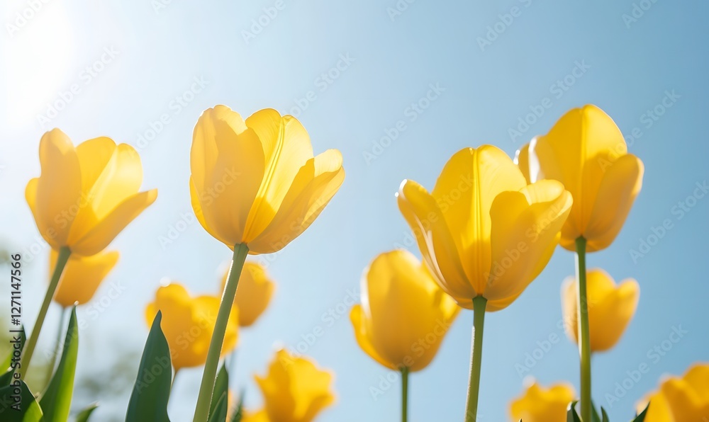 Fototapeta premium Sunny yellow tulips swaying in a gentle breeze under a clear sky, Generative AI