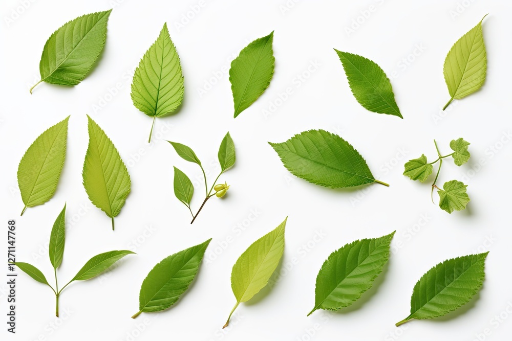 Top view of isolated cherry leaves on white background arranged flat with full depth of field Top view of isolated cherry leaves on white background arranged flat with full depth of field