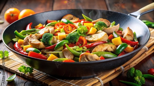 Sizzling chicken and colorful mixed vegetables splayed out in a wok , kitchen, mixed vegetables,  kitchen