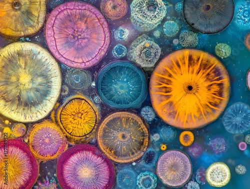 Intricate Bacterial Structures in Vibrant Geometric Patterns under Microscopic Examination
