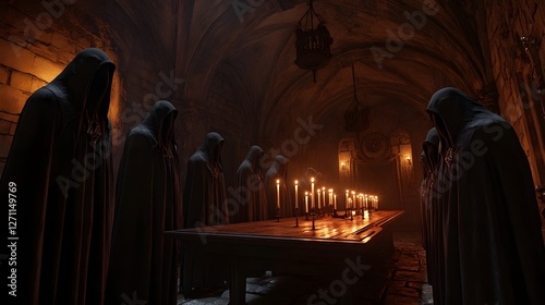 Medieval Coven Gathering in Moody Candlelit Gothic Monastery Halls photo