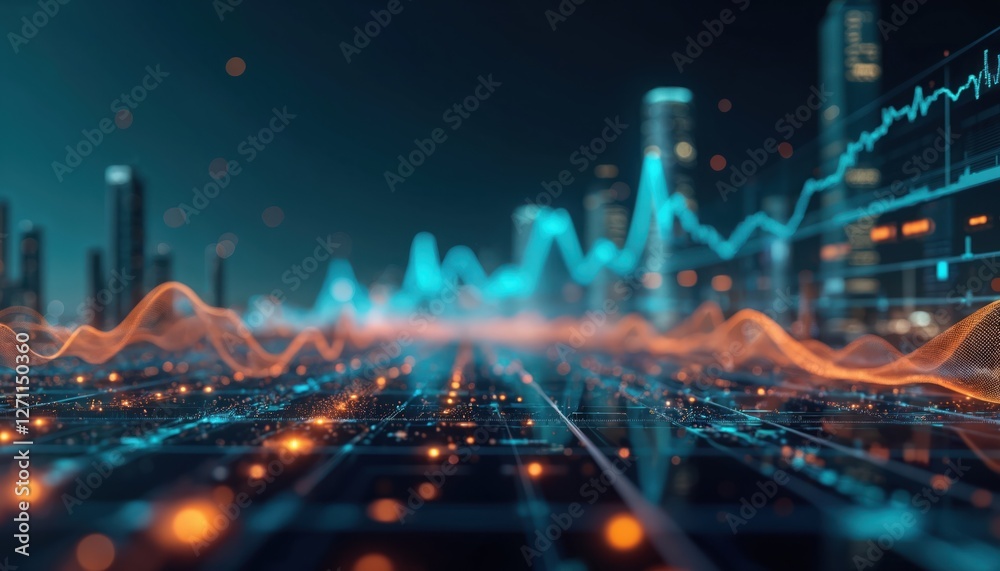 Fototapeta premium Virtual stock market financial charts over dark blue background on digital screen. Finance advisory, international consulting business concept. Futuristic interface with line graphs, numbers, data