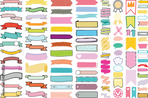 Colorful ribbon banners, handdrawn style, featuring pink, blue, orange, purple, yellow, light blue ribbons. Banners text, doodle ribbons decorative messaging, scroll banners tails. Handdrawn
