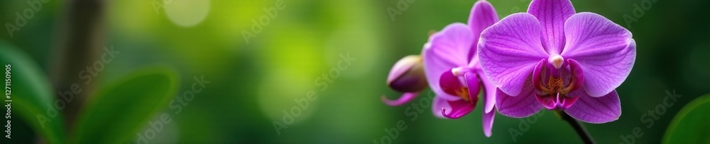 Exotic purple orchid blooms in lush green foliage, purple orchid, blossom Exotic purple orchid blooms in lush green foliage, purple orchid, blossom