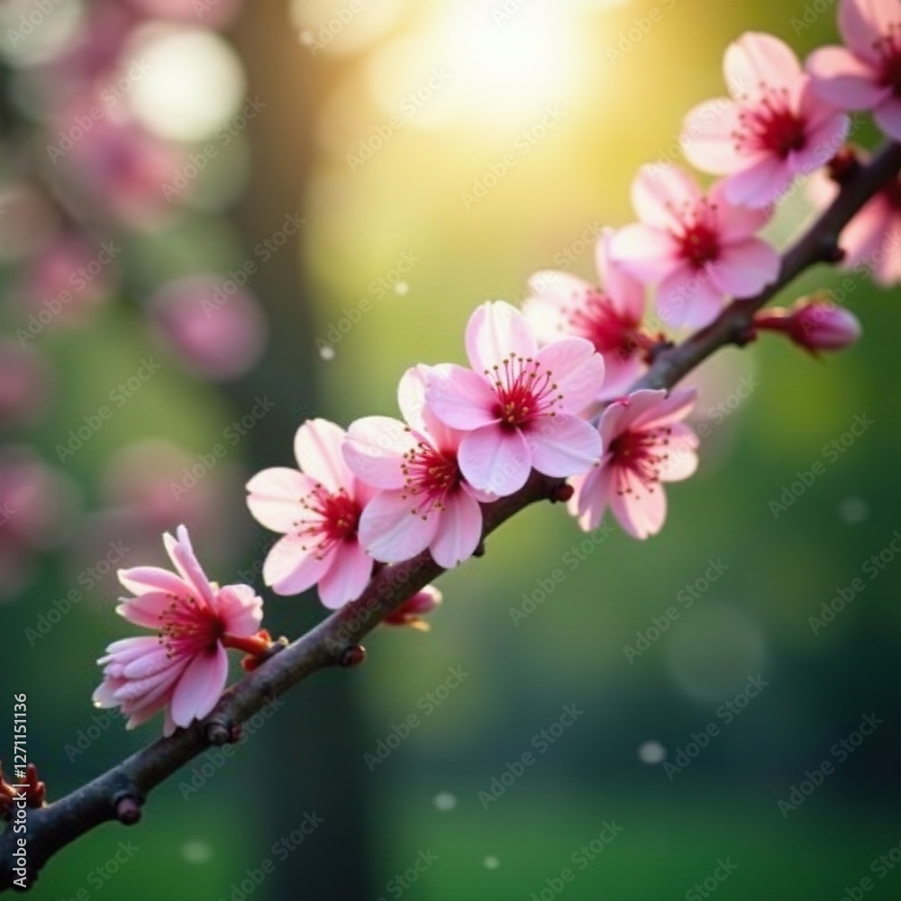 Pink blossoms in morning light on a peaceful tree, branch, morning, leafy Pink blossoms in morning light on a peaceful tree, branch, morning, leafy