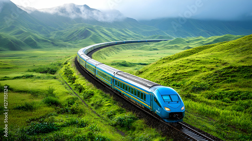 Scenic train journey through lush green hills serene landscape photography natural environment wide angle adventure