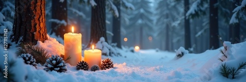Snowy forest with candles and pinecones on the ground, snowy scenery, rustic charm