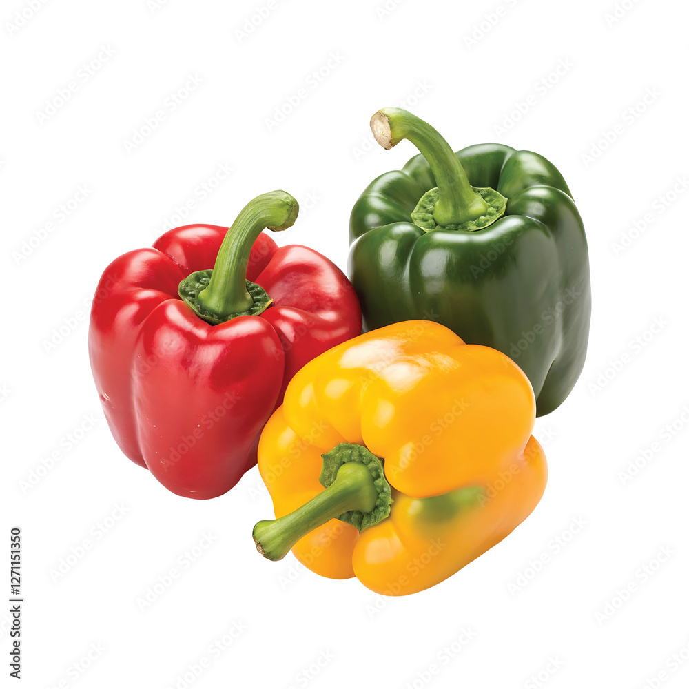 Fresh Bell Peppers in Red, Green, and Yellow for Cooking and Garnishing, PNG file for mock-up. Fresh Bell Peppers in Red, Green, and Yellow for Cooking and Garnishing, PNG file for mock-up.