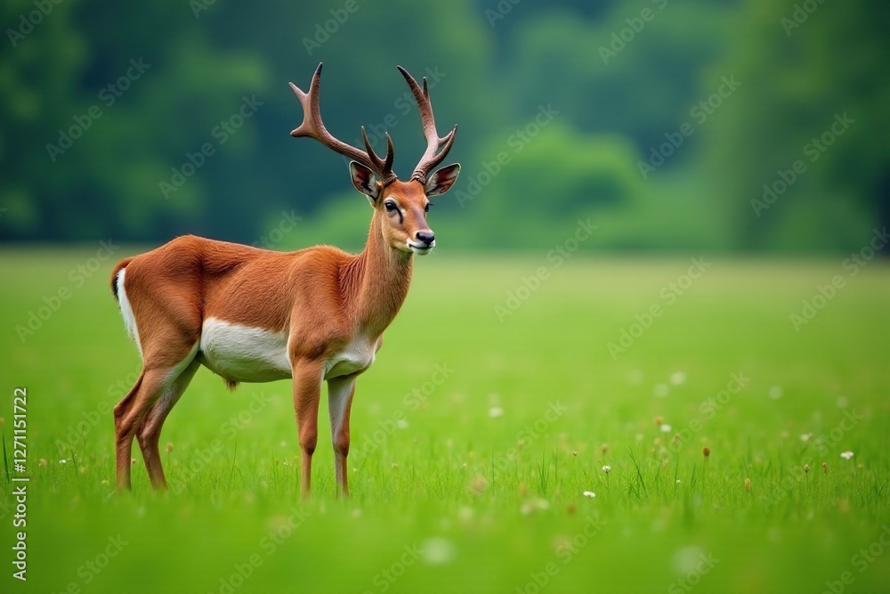 Obraz premium Saiga antelope in wet meadow with lush vegetation, Bovidae, Green Pastures