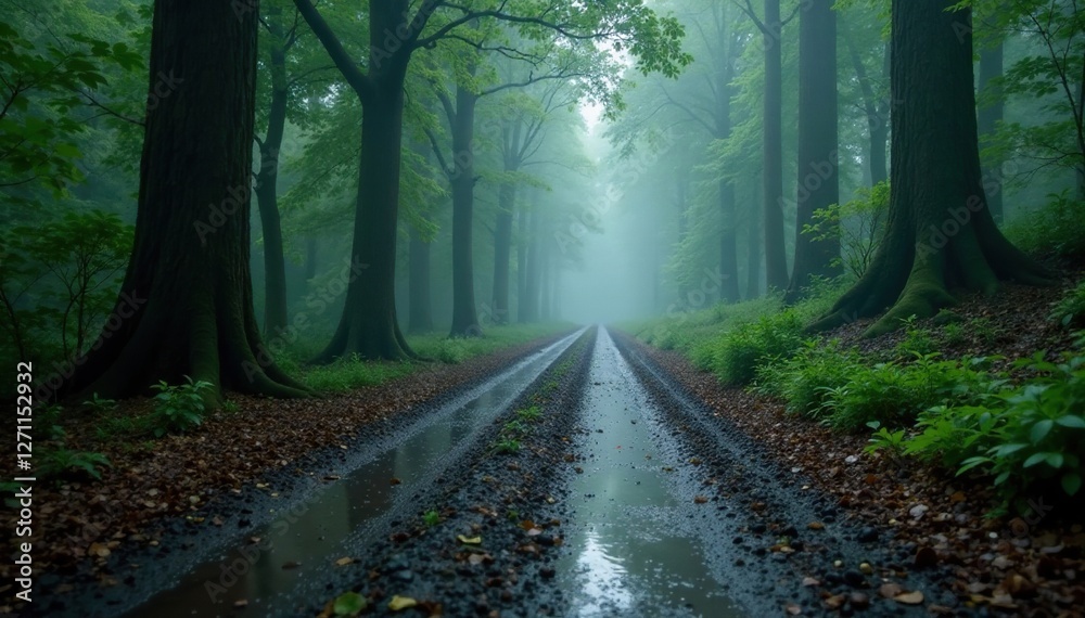 Obraz premium Rain-soaked forest road with deep puddles and misty atmosphere, tree roots, forest road, wet