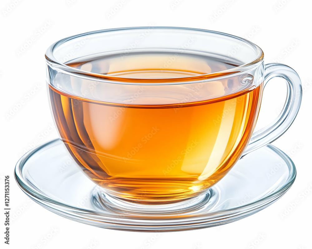 Clear glass teacup of herbal drink on saucer, served indoors for refreshment Clear glass teacup of herbal drink on saucer, served indoors for refreshment