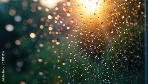 Water droplets on windowpane glisten in morning light, sparkle, morning, water