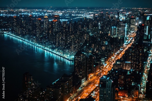 Aerial view of a sprawling metropolis at night urban landscape nighttime cityscape illuminated skyline high altitude perspective modern architecture vibrant lights
