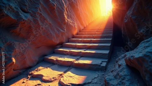 Escalera de piedra ascendiendo con luz del atardecer, piedra,