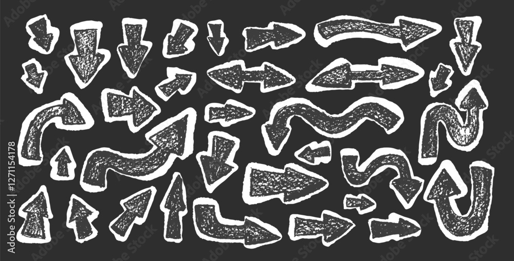Fototapeta premium Arrow set pencil drawing sticker. Textured effect direction pointers. Black navigation. Path marks isolated on white background. Vector hand drawn illustration.