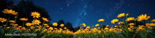 Glowing yellow flowers under a clear starry sky, night, sunny, garden