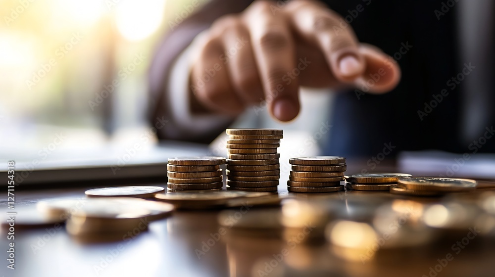 A focused businessman sorting through piles of stacked coins in a professional environment : Generative AI A focused businessman sorting through piles of stacked coins in a professional environment : Generative AI