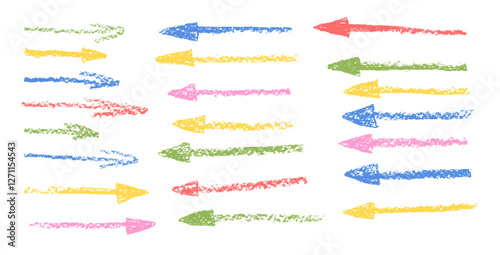 Arrow crayon drawn set. Straight pointers doodle elements. Vector kids direct arrows by pencil. Way stroke shapes. Chalk turn path graphic freehand illustration isolated on white background.