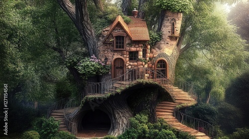 whimsical treehouse nestled among ancient, towering trees. photo