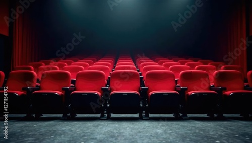 Empty red theater seats on a gray stage floor, stage, floor, lifeless