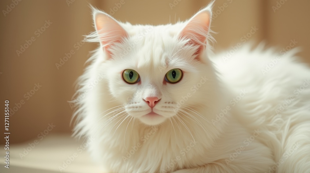 A fluffy snow-white cat with emerald green eyes, intently gazing at the camera, with warm light enhancing the delicate tones of its fur against a muted background A fluffy snow-white cat with emerald green eyes, intently gazing at the camera, with warm light enhancing the delicate tones of its fur against a muted background